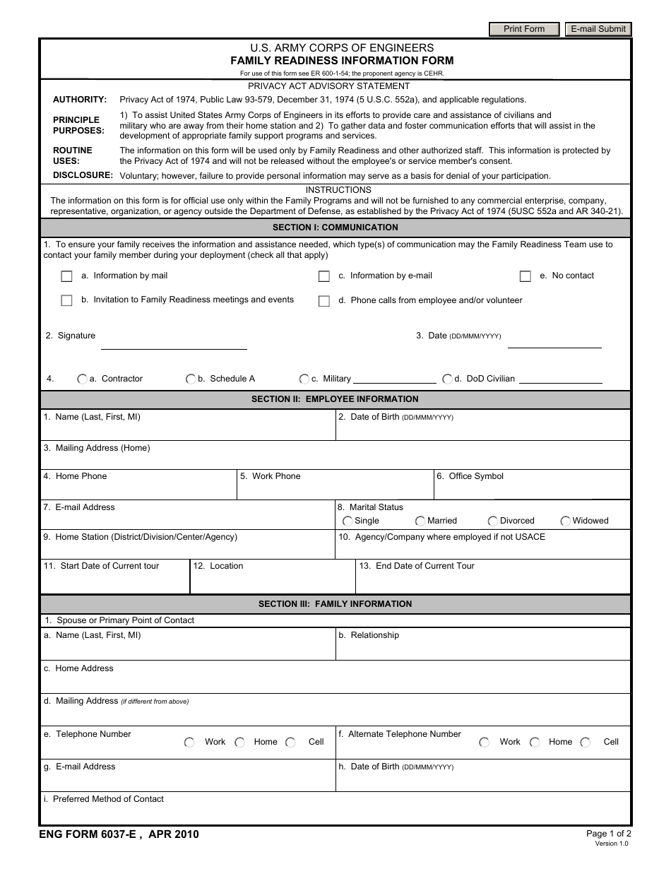 ENG Form 6037 Family Readiness Information Form, Page 1
