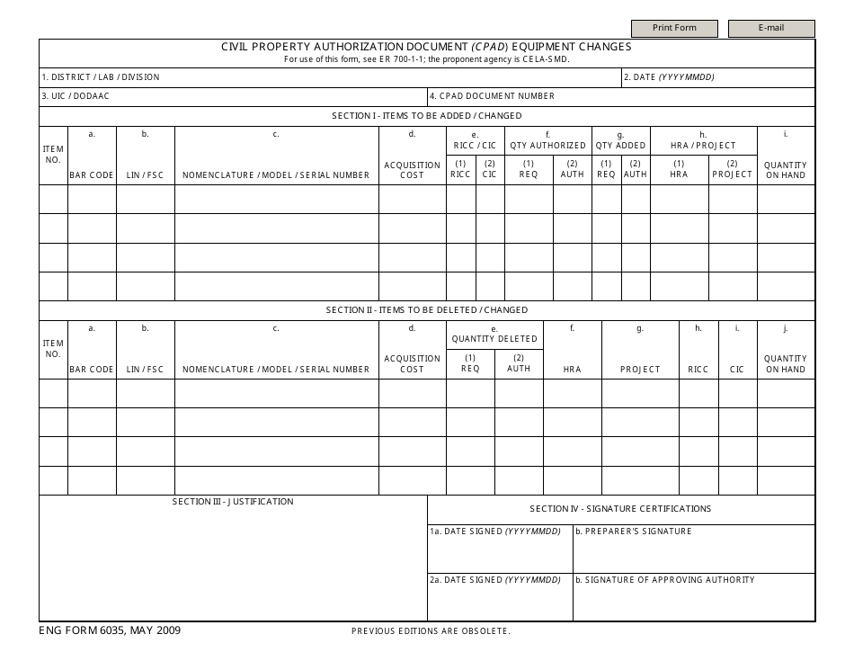 ENG Form 6035 Civil Property Authorization Document (Cpad) Equipment Changes, Page 1