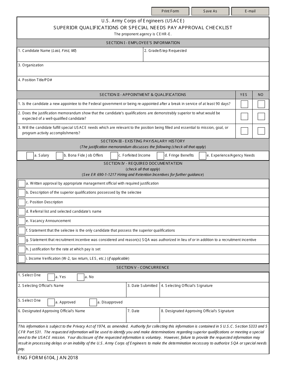 ENG Form 6104 Superior Qualifications or Special Needs Pay Approval Checklist, Page 1