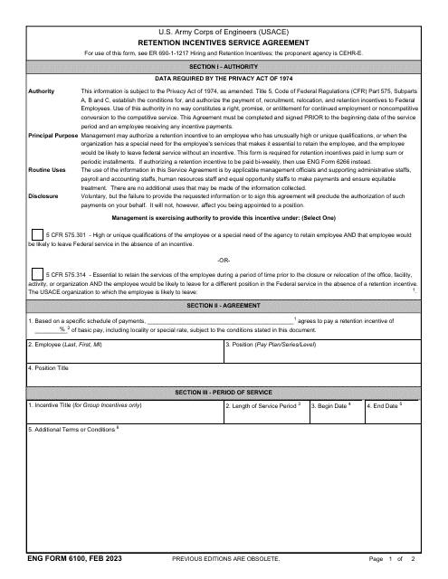 ENG Form 6100 Retention Incentives Service Agreement