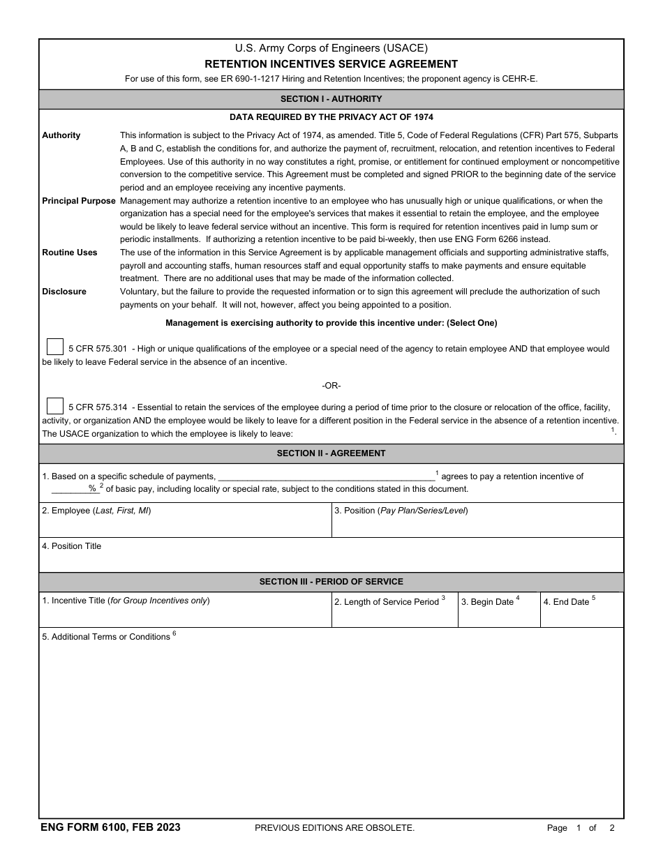ENG Form 6100 Retention Incentives Service Agreement, Page 1