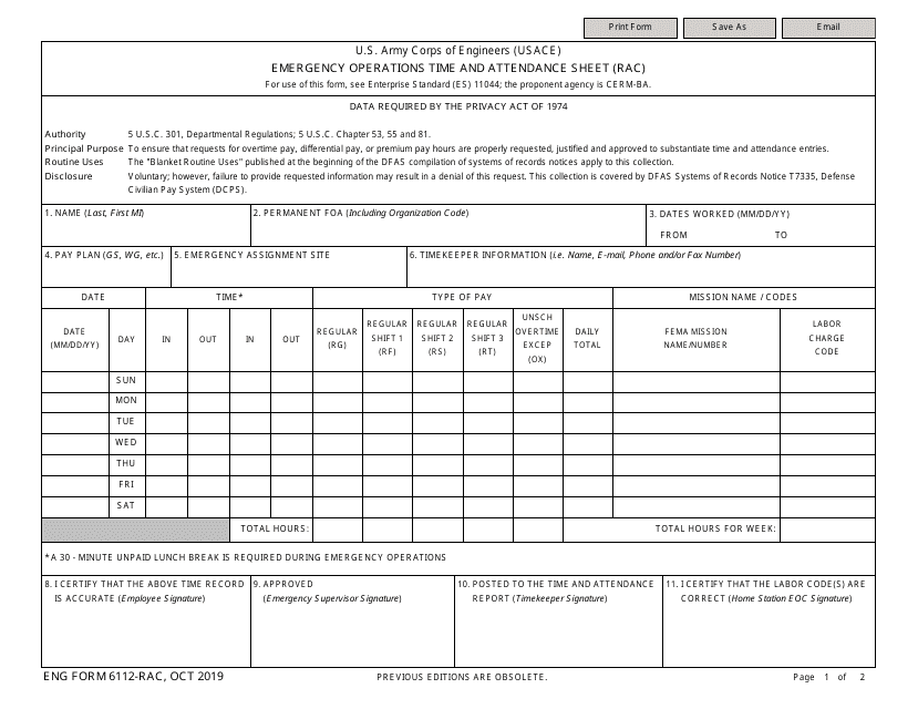 ENG Form 6112 Emergency Operations Time and Attendance Sheet (Rac)