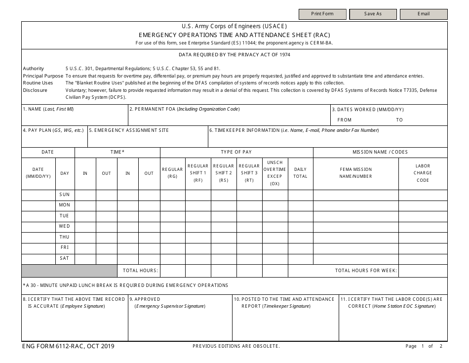 ENG Form 6112 Emergency Operations Time and Attendance Sheet (Rac), Page 1