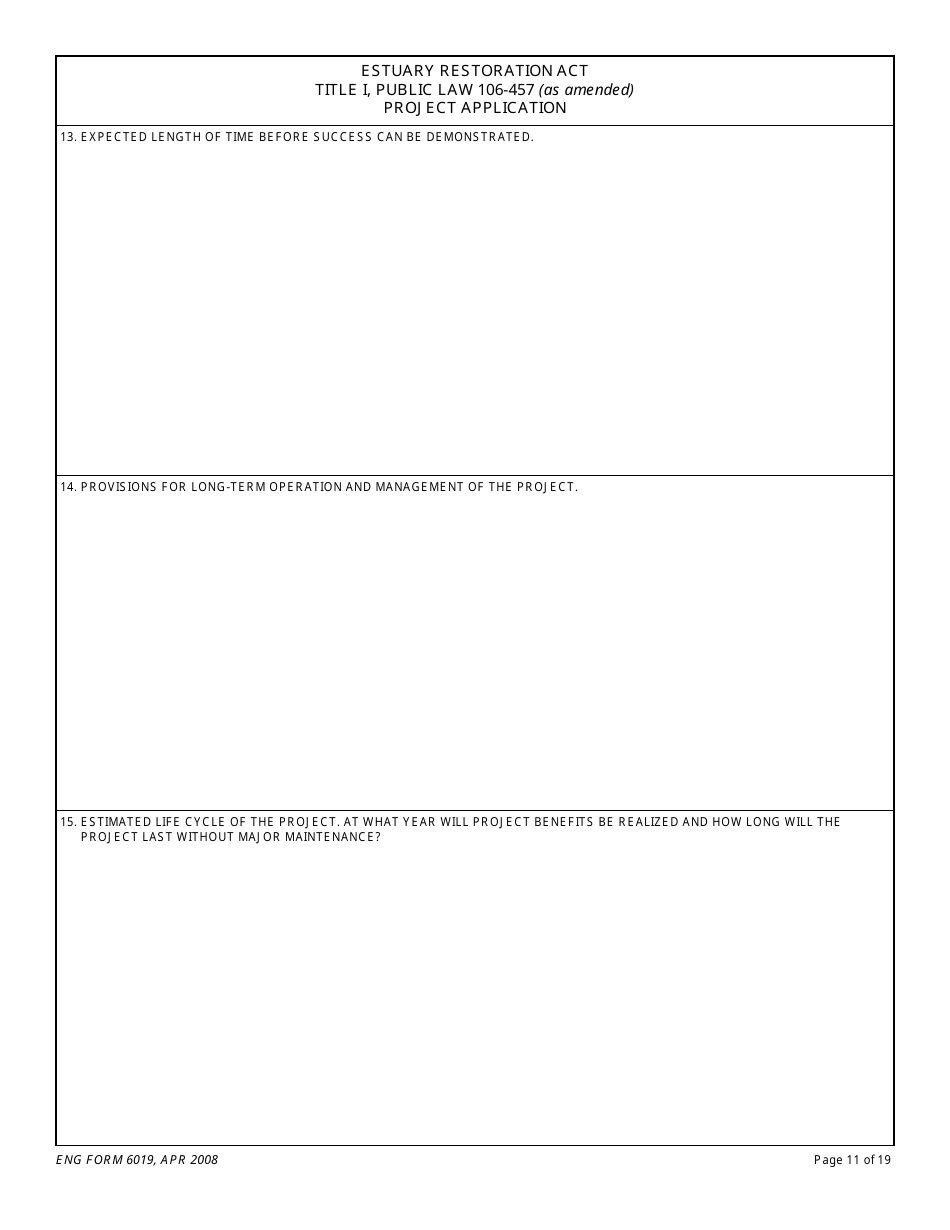 ENG Form 6019 Estuary Restoration Act Title I, Public Law 106-457 (As Amended) Project Application, Page 11