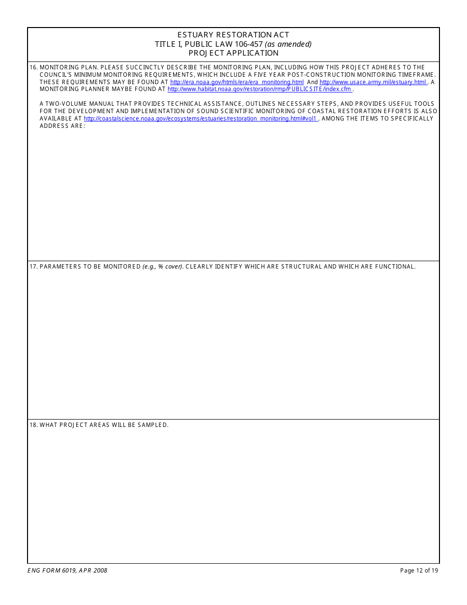 ENG Form 6019 Estuary Restoration Act Title I, Public Law 106-457 (As Amended) Project Application, Page 12