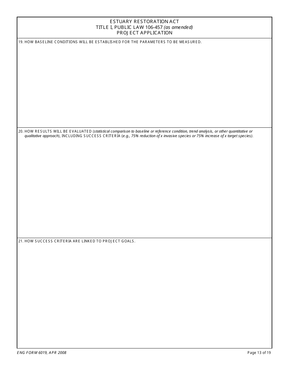 ENG Form 6019 Estuary Restoration Act Title I, Public Law 106-457 (As Amended) Project Application, Page 13