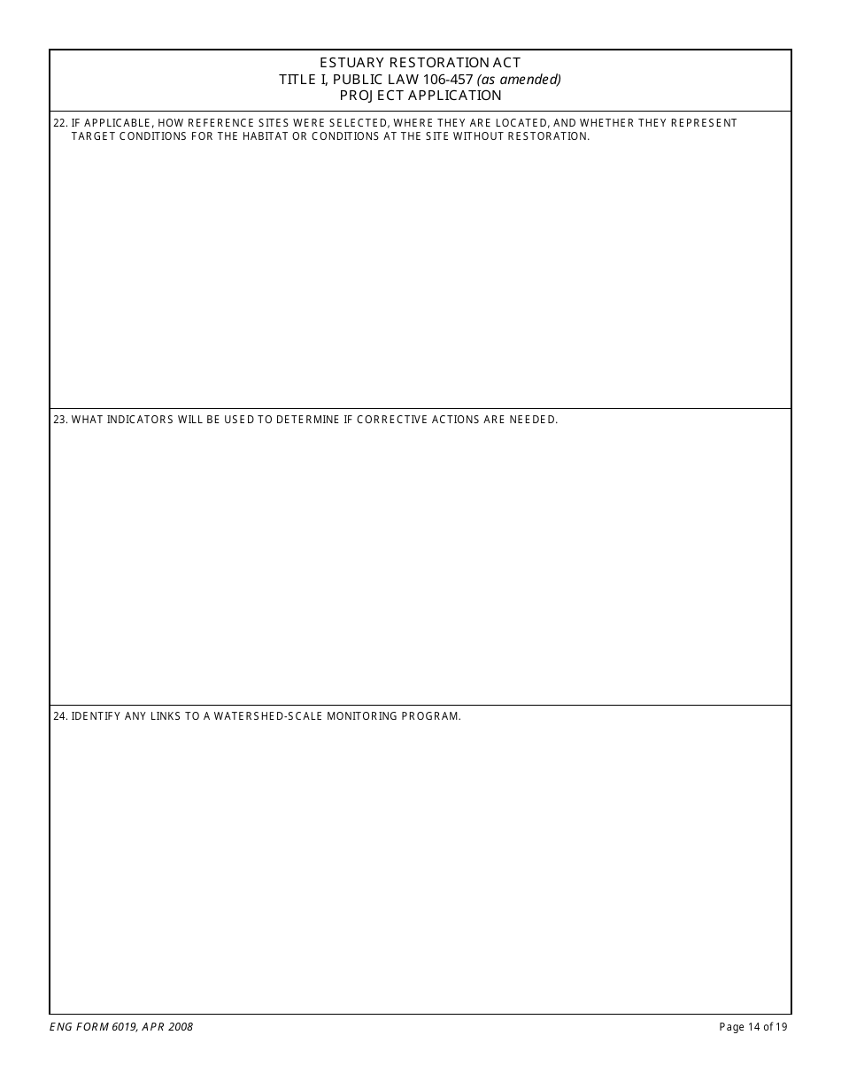 ENG Form 6019 Estuary Restoration Act Title I, Public Law 106-457 (As Amended) Project Application, Page 14