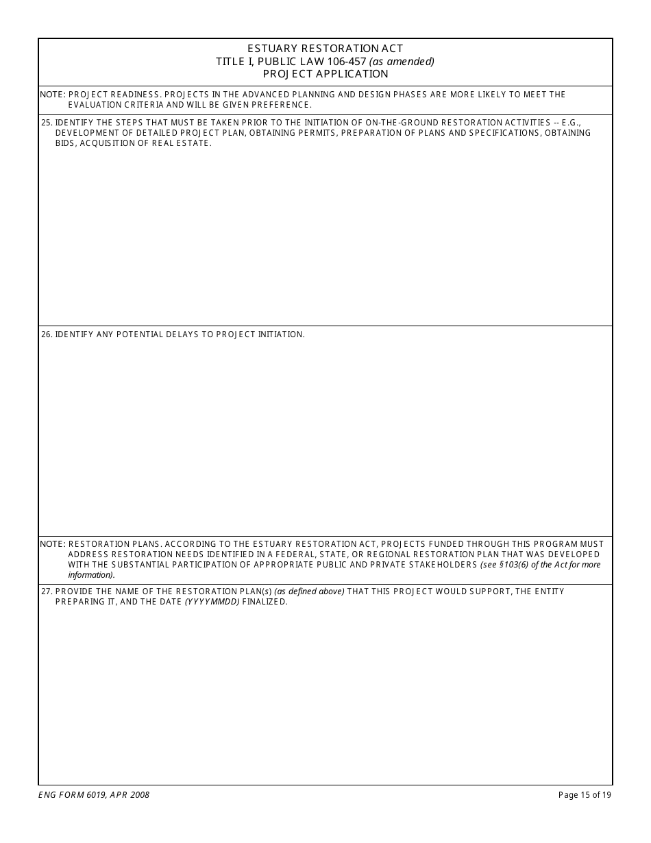 ENG Form 6019 Estuary Restoration Act Title I, Public Law 106-457 (As Amended) Project Application, Page 15