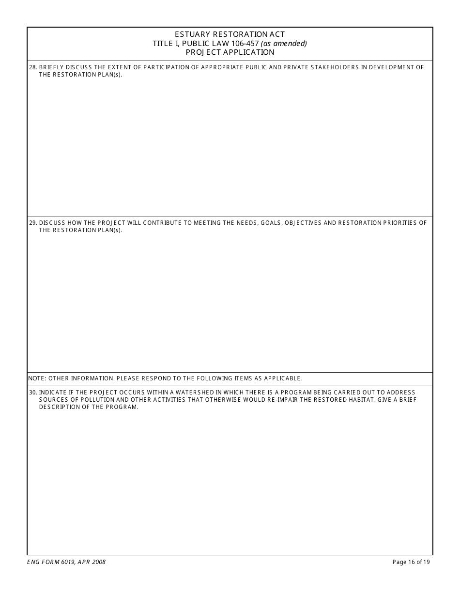 ENG Form 6019 Estuary Restoration Act Title I, Public Law 106-457 (As Amended) Project Application, Page 16