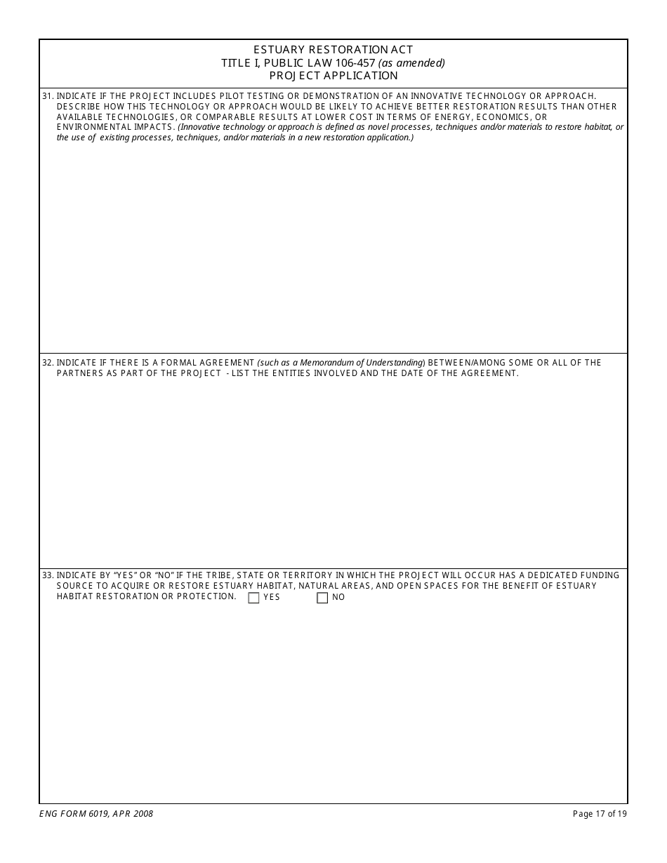 ENG Form 6019 Estuary Restoration Act Title I, Public Law 106-457 (As Amended) Project Application, Page 17
