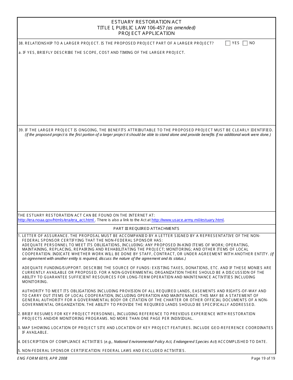 ENG Form 6019 Estuary Restoration Act Title I, Public Law 106-457 (As Amended) Project Application, Page 19