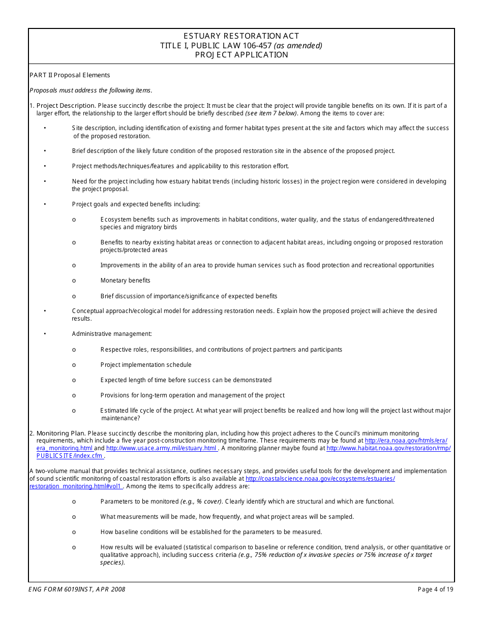 ENG Form 6019 Estuary Restoration Act Title I, Public Law 106-457 (As Amended) Project Application, Page 4