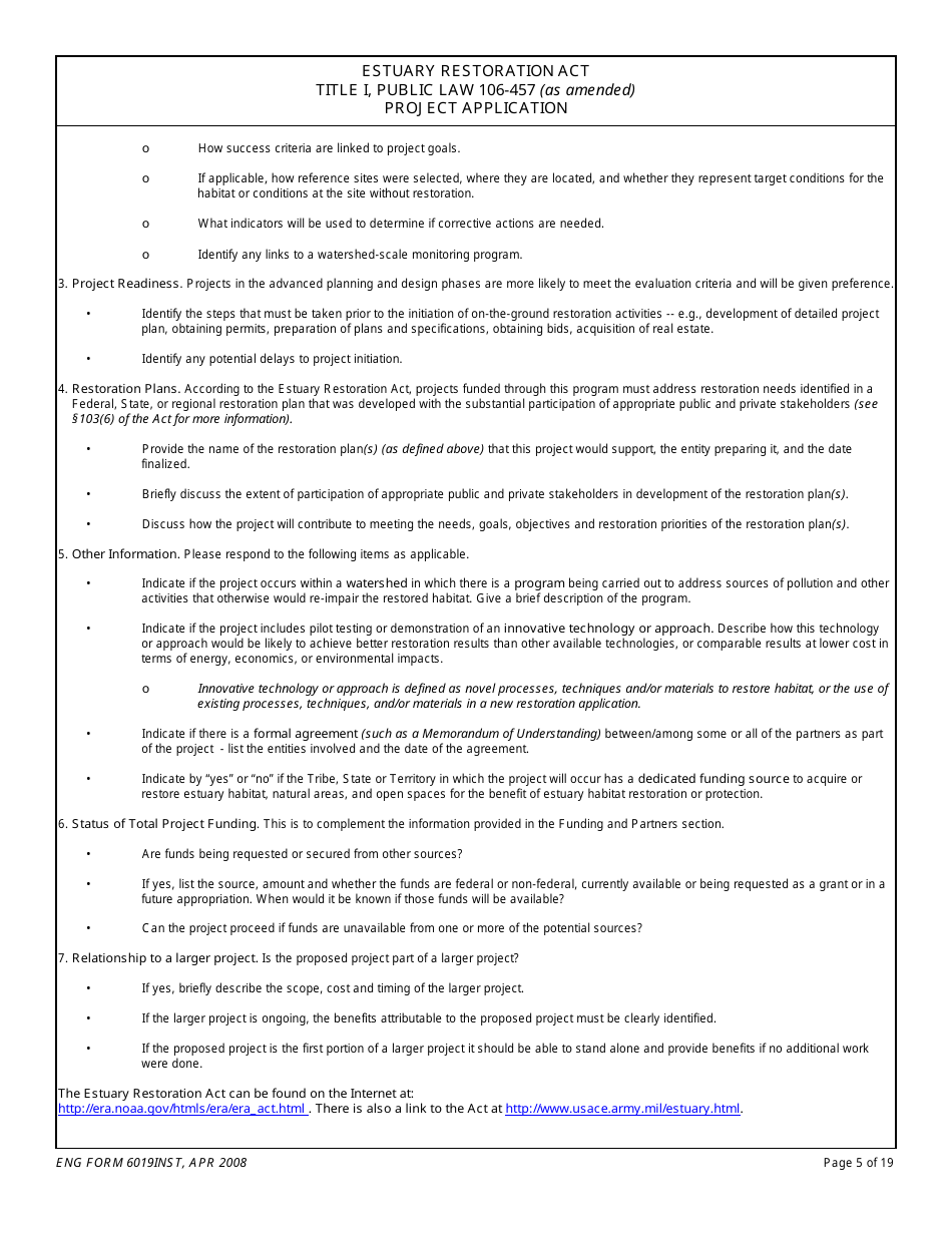 ENG Form 6019 Estuary Restoration Act Title I, Public Law 106-457 (As Amended) Project Application, Page 5