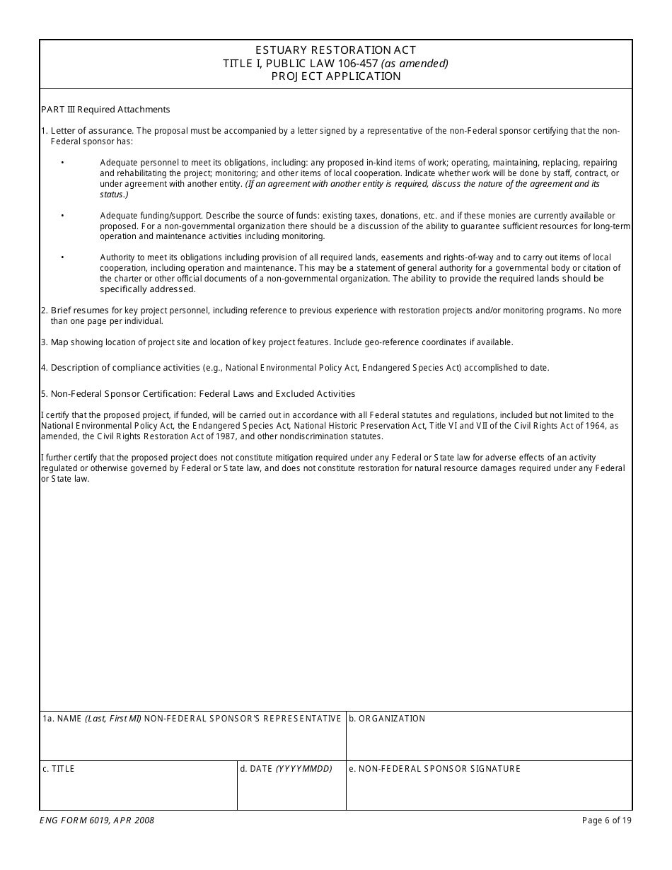 ENG Form 6019 Estuary Restoration Act Title I, Public Law 106-457 (As Amended) Project Application, Page 6
