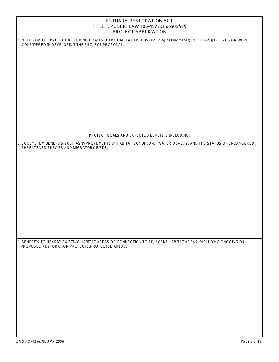 ENG Form 6019 Estuary Restoration Act Title I, Public Law 106-457 (As Amended) Project Application, Page 8
