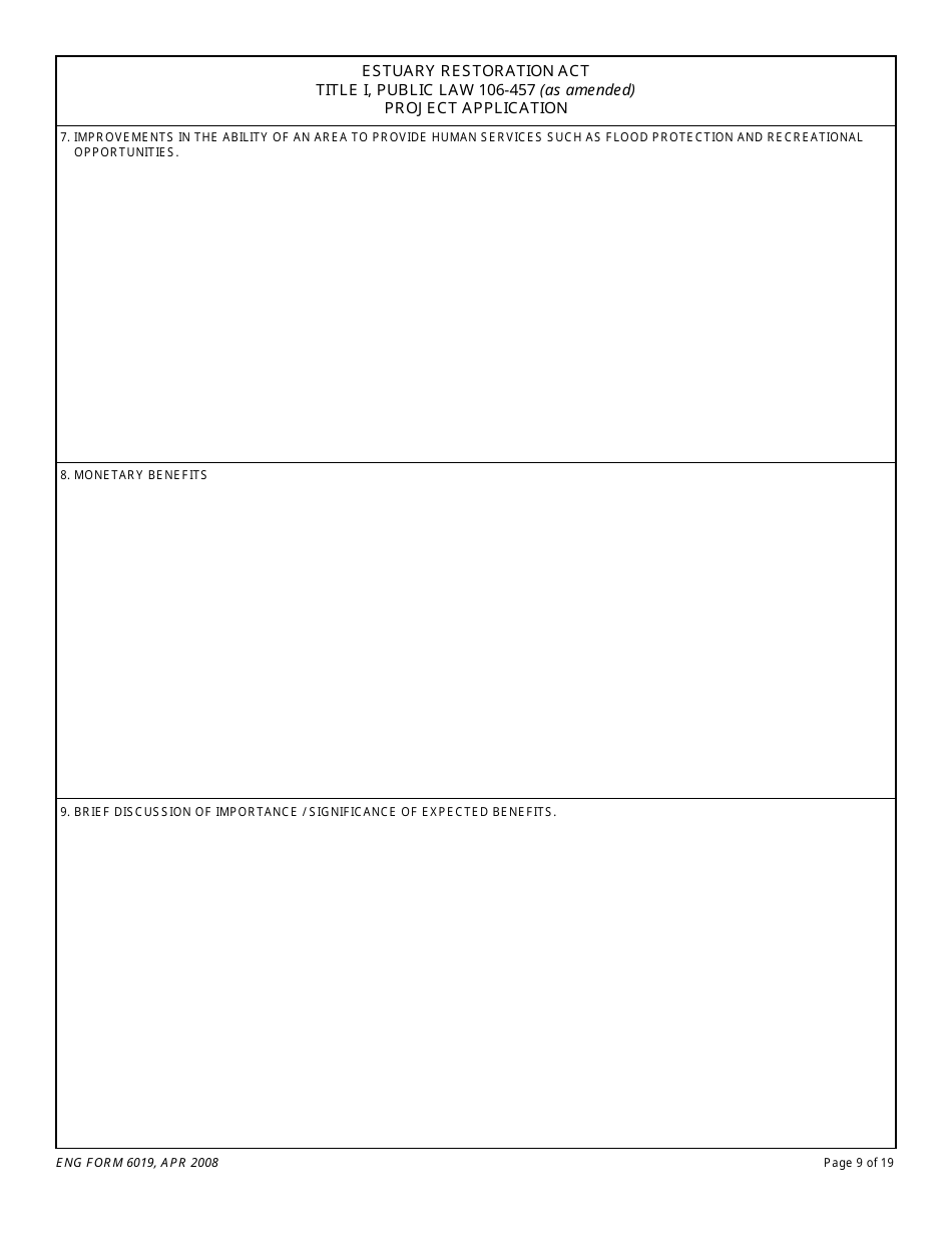 ENG Form 6019 Estuary Restoration Act Title I, Public Law 106-457 (As Amended) Project Application, Page 9