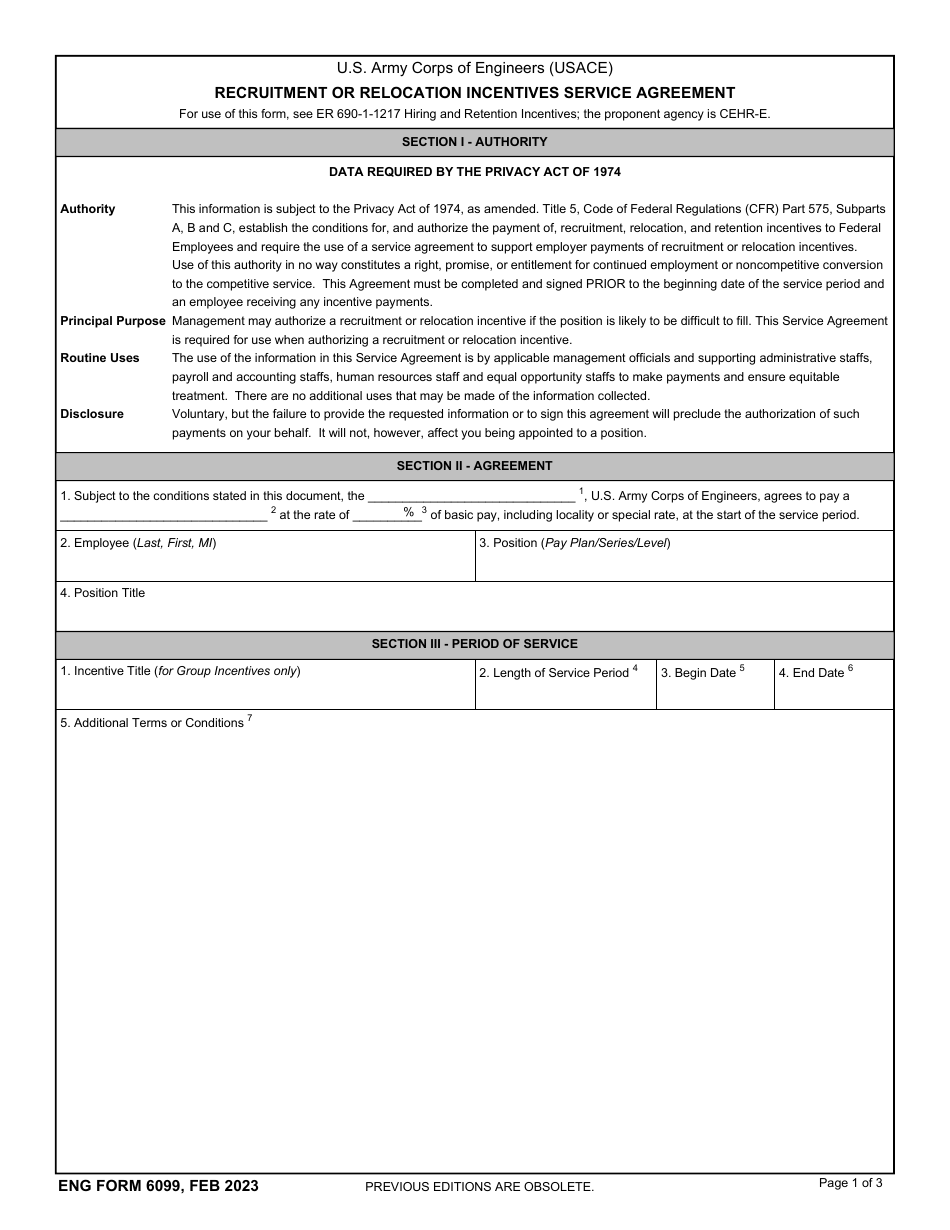 ENG Form 6099 Recruitment or Relocation Incentives Service Agreement, Page 1