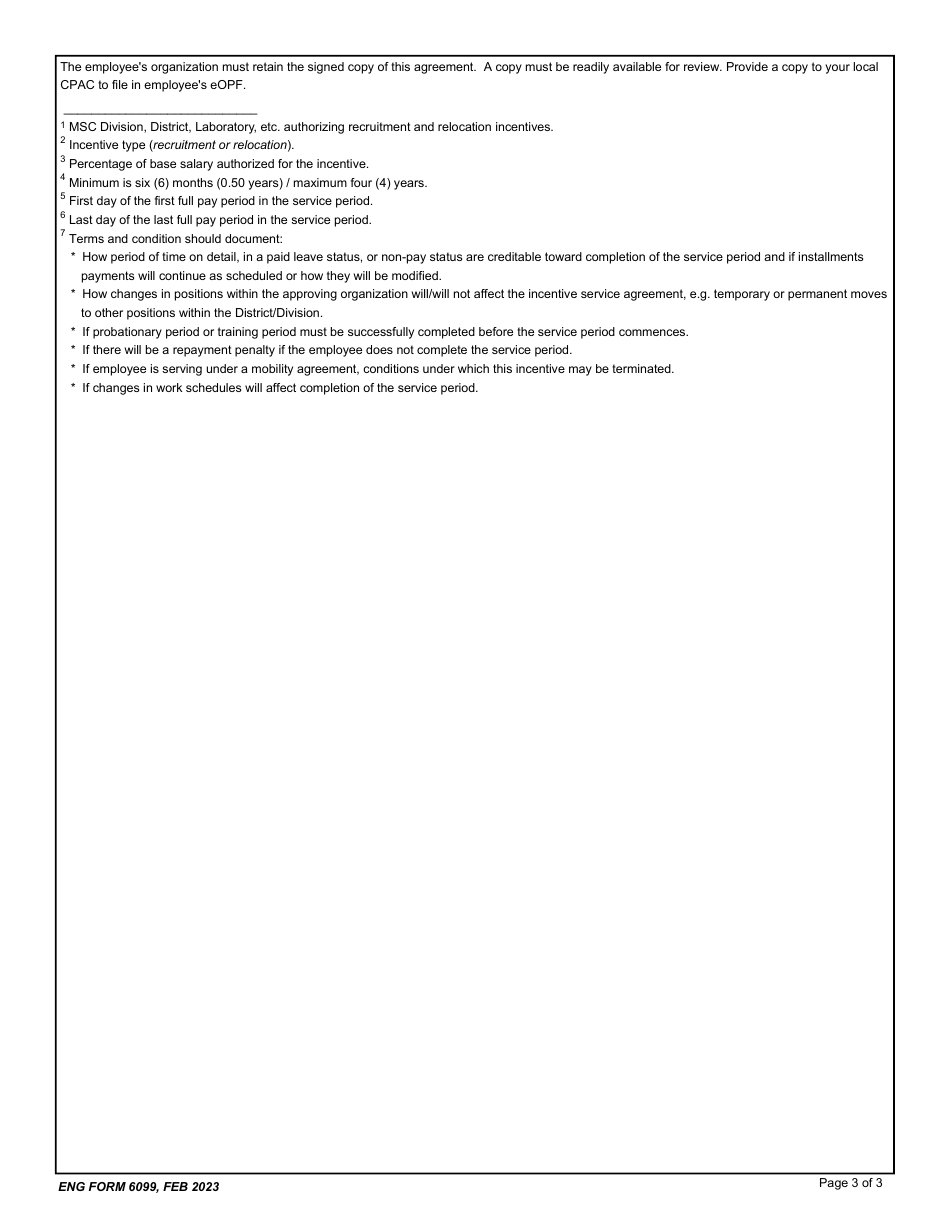 ENG Form 6099 Recruitment or Relocation Incentives Service Agreement, Page 3