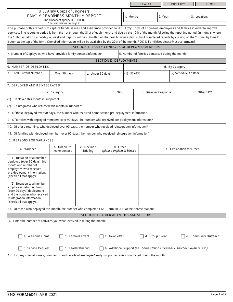 ENG Form 6047 Family Readiness Monthly Report, Page 1