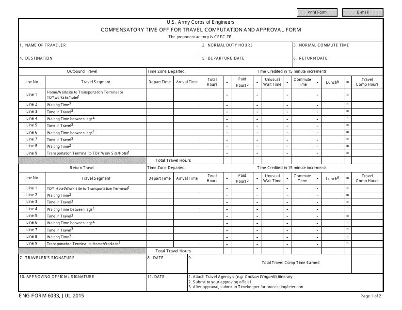 ENG Form 6033 Compensatory Time off for Travel Computation and Approval Form