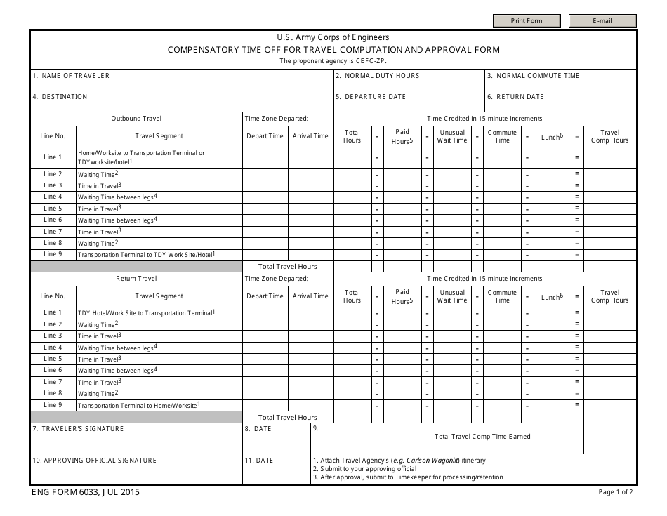 ENG Form 6033 Compensatory Time off for Travel Computation and Approval Form, Page 1