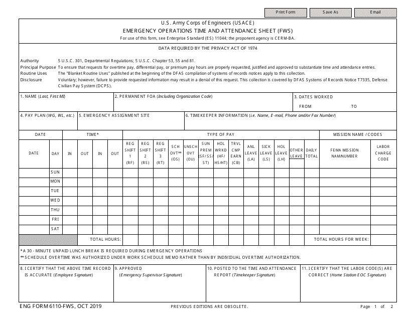 ENG Form 6110 Emergency Operations Time and Attendance Sheet (FWS)
