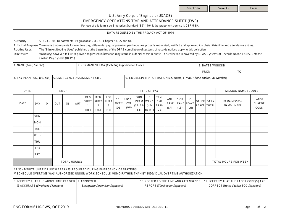 ENG Form 6110 Emergency Operations Time and Attendance Sheet (FWS), Page 1