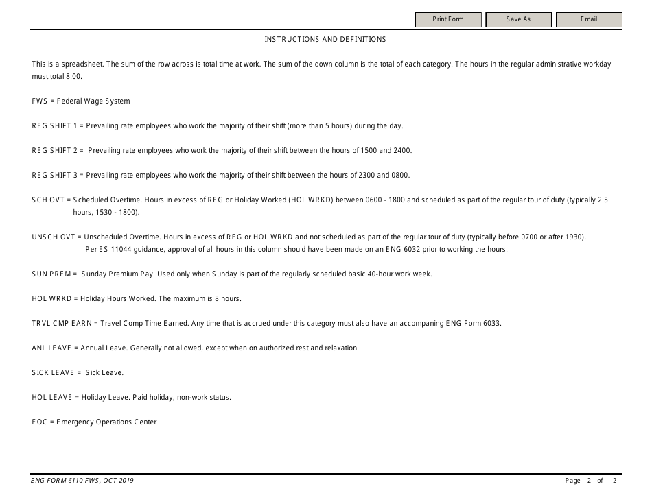 ENG Form 6110 Emergency Operations Time and Attendance Sheet (FWS), Page 2
