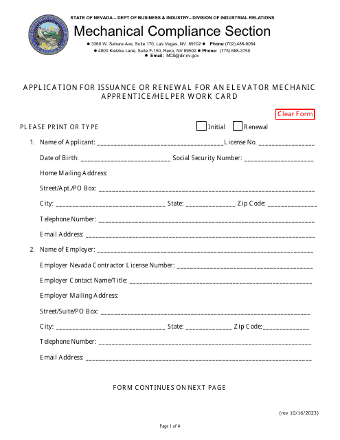 Application for Issuance or Renewal for an Elevator Mechanic Apprentice / Helper Work Card - Nevada Download Pdf