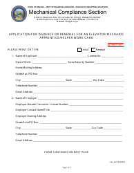 Application for Issuance or Renewal for an Elevator Mechanic Apprentice/Helper Work Card - Nevada