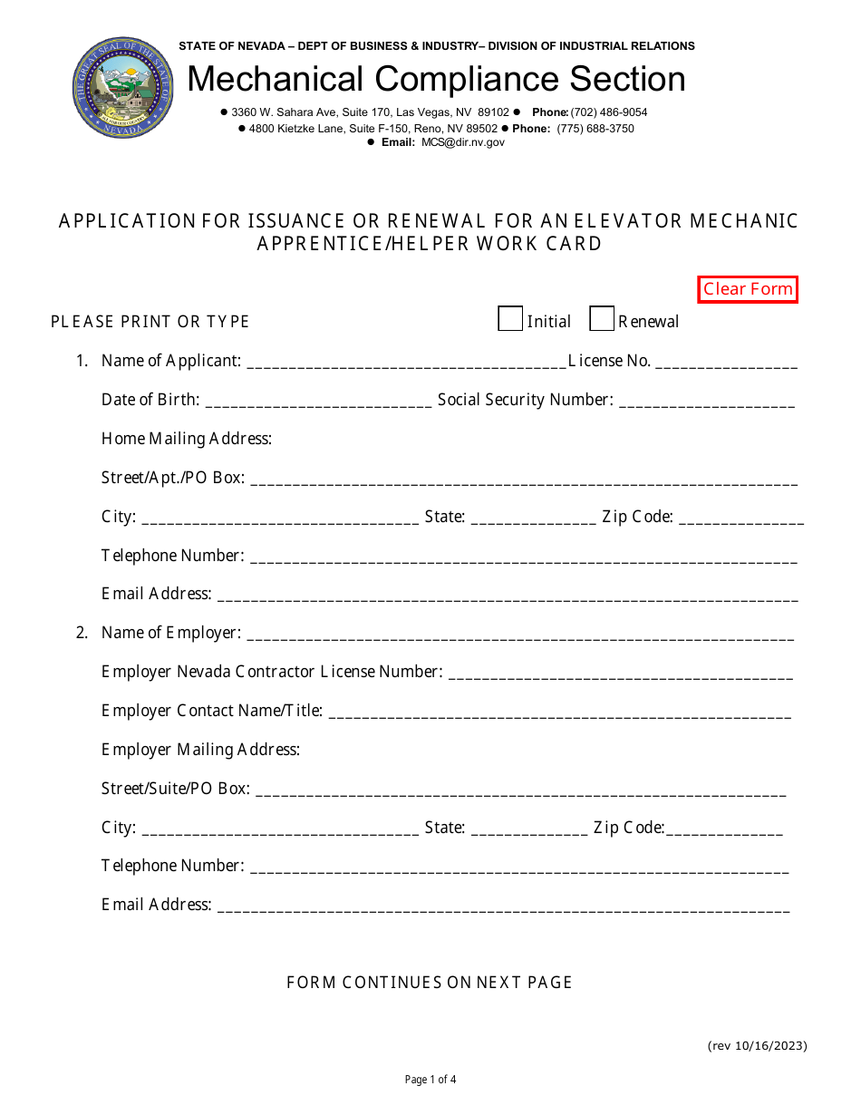 Application for Issuance or Renewal for an Elevator Mechanic Apprentice / Helper Work Card - Nevada, Page 1