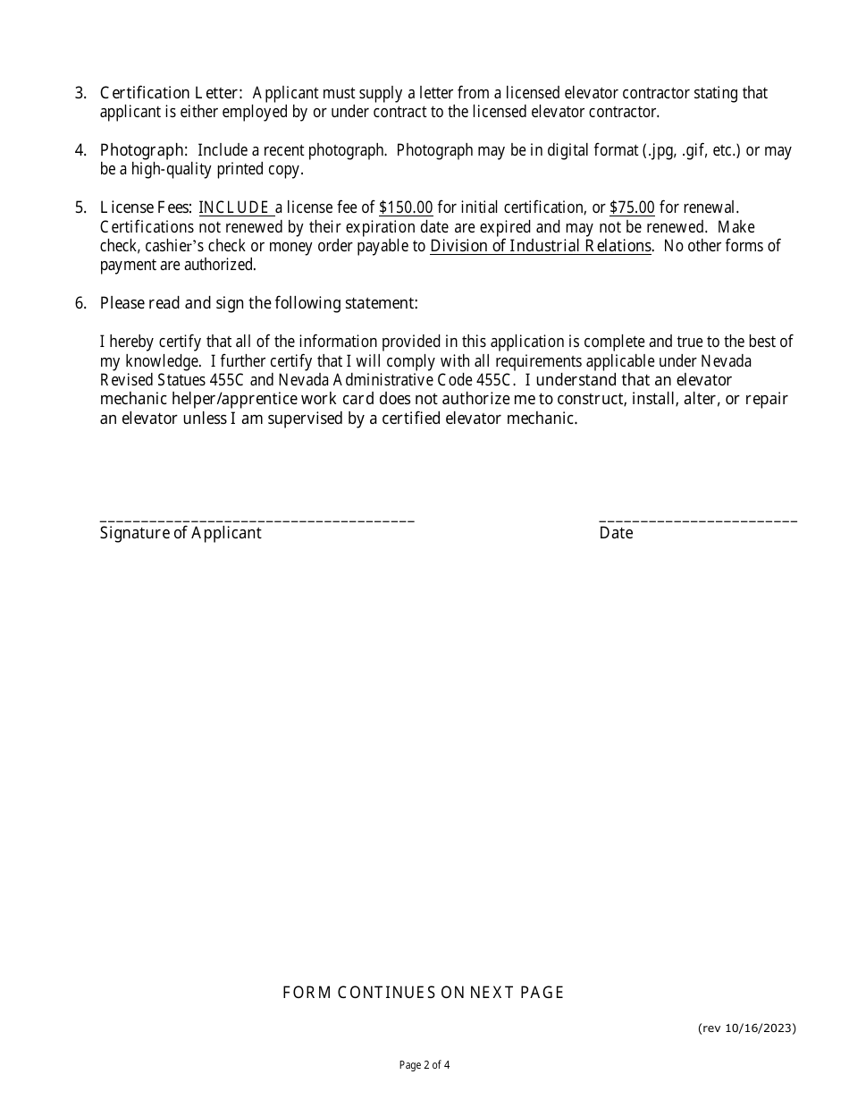 Application for Issuance or Renewal for an Elevator Mechanic Apprentice / Helper Work Card - Nevada, Page 2