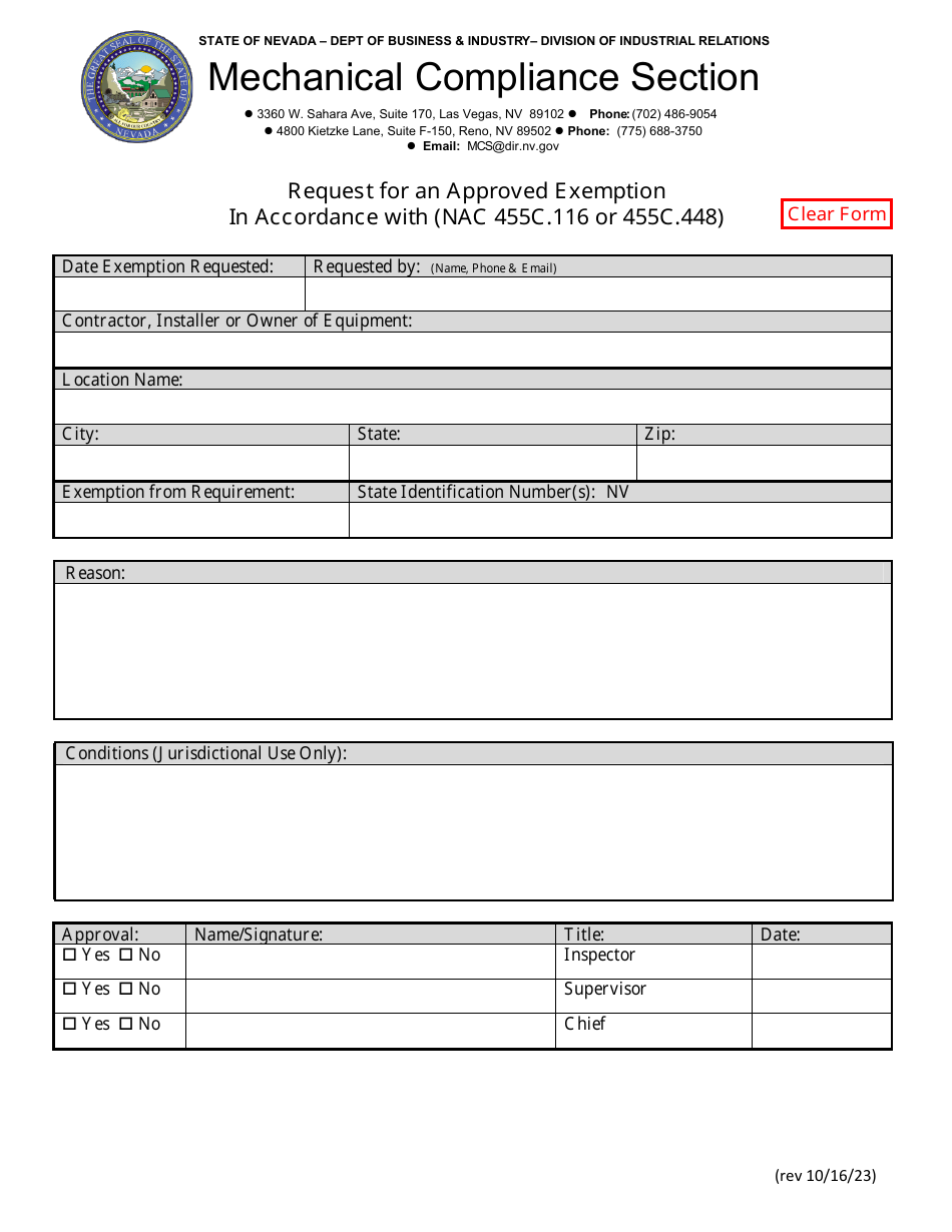 Nevada Request for an Approved Exemption in Accordance With (Nac 455c ...