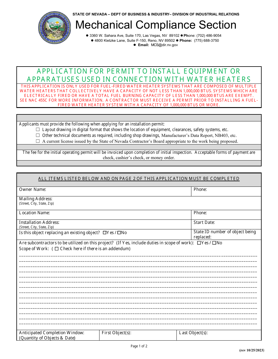Application for Permit to Install Equipment or Apparatuses Used in Connection With Water Heaters - Nevada, Page 1