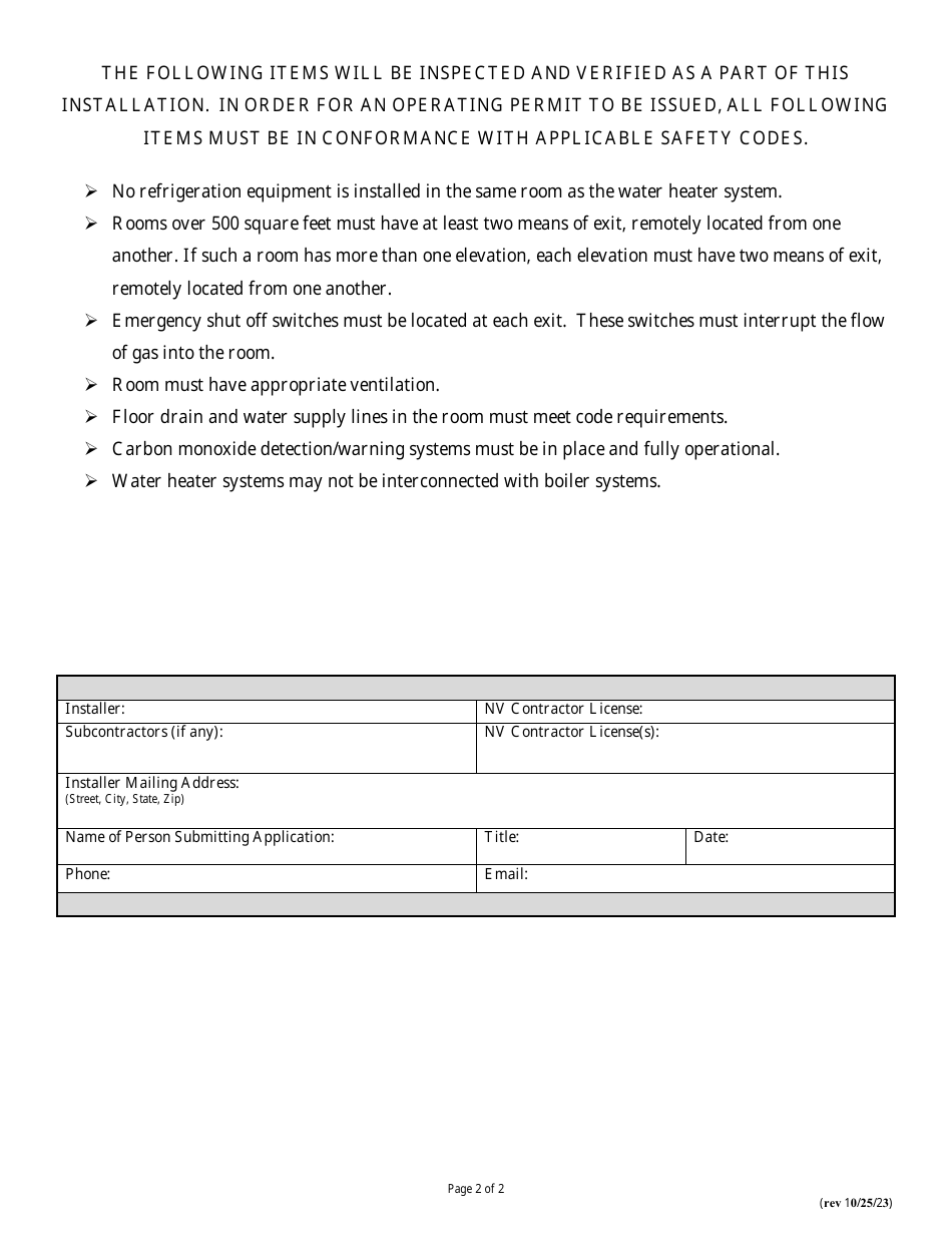 Application for Permit to Install Equipment or Apparatuses Used in Connection With Water Heaters - Nevada, Page 2