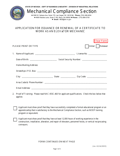 Application for Issuance or Renewal of a Certificate to Work as an Elevator Mechanic - Nevada Download Pdf