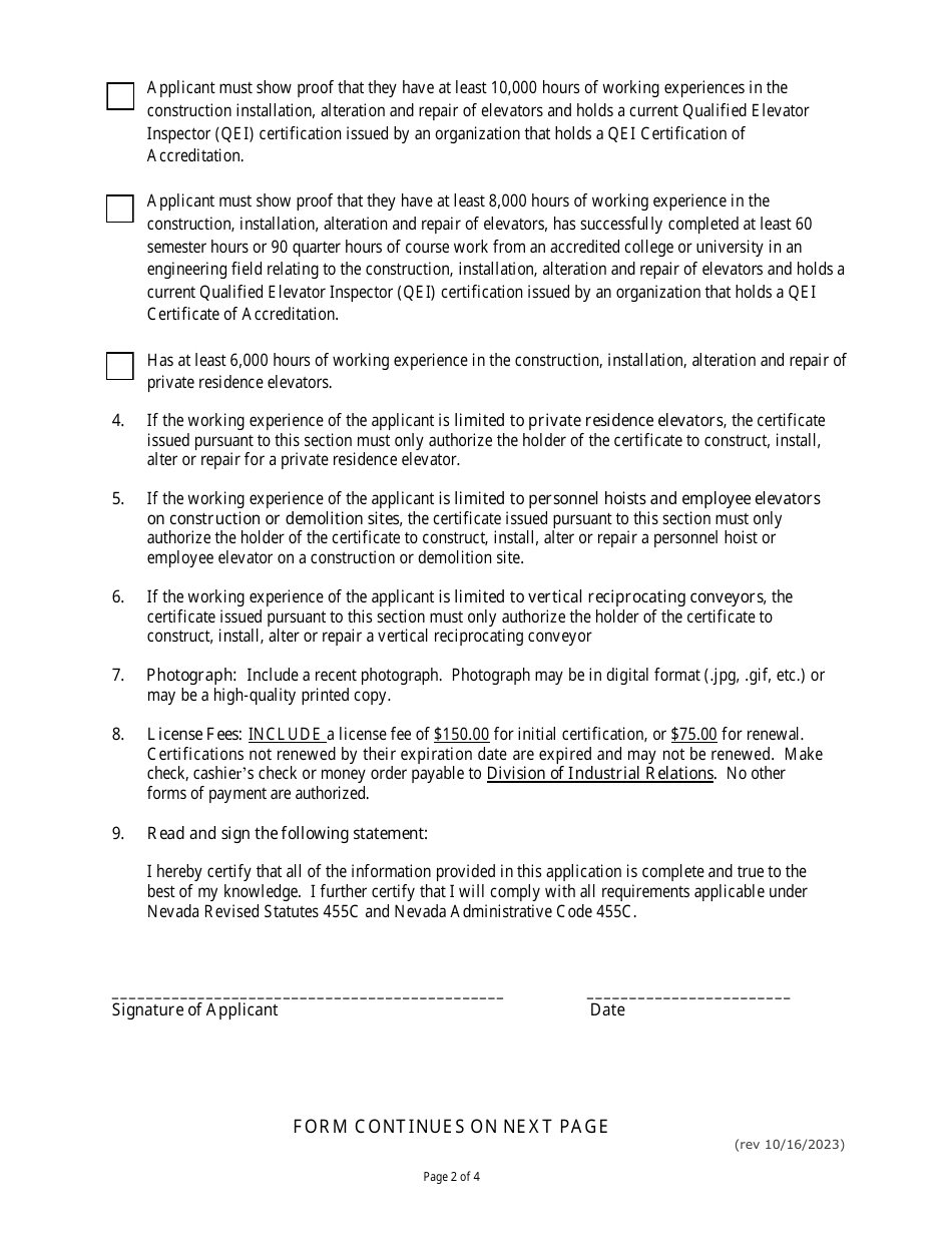 Application for Issuance or Renewal of a Certificate to Work as an Elevator Mechanic - Nevada, Page 2