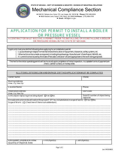 Application for Permit to Install a Boiler or Pressure Vessel - Nevada Download Pdf