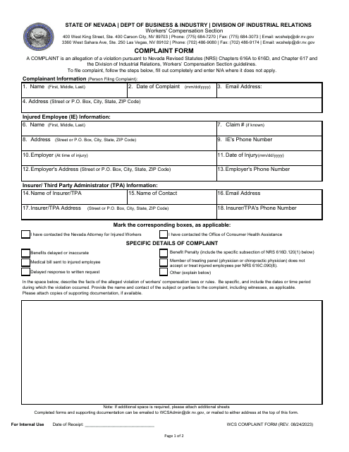 Wcs Complaint Form - Nevada Download Pdf