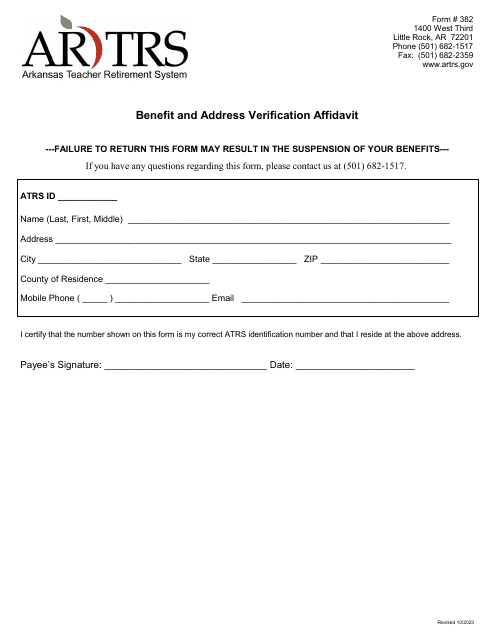 Form 382 Benefit and Address Verification Affidavit - Arkansas