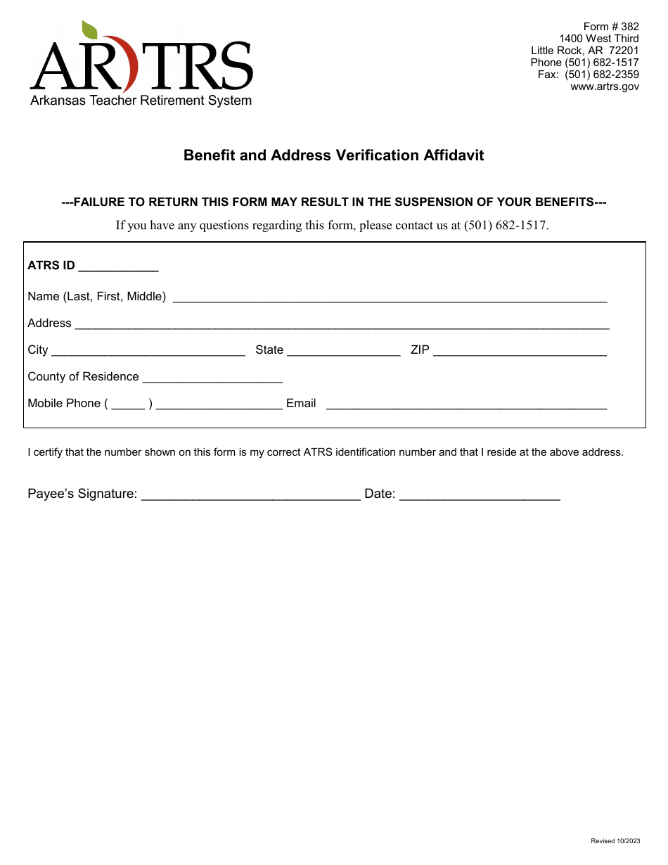 Form 382 Benefit and Address Verification Affidavit - Arkansas, Page 1