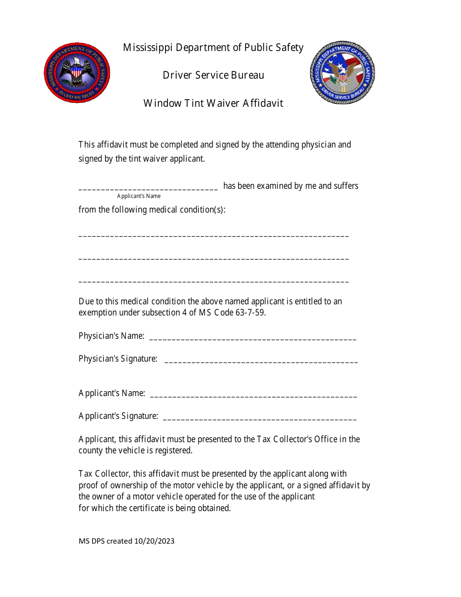 Mississippi Window Tint Waiver Affidavit Fill Out, Sign Online and
