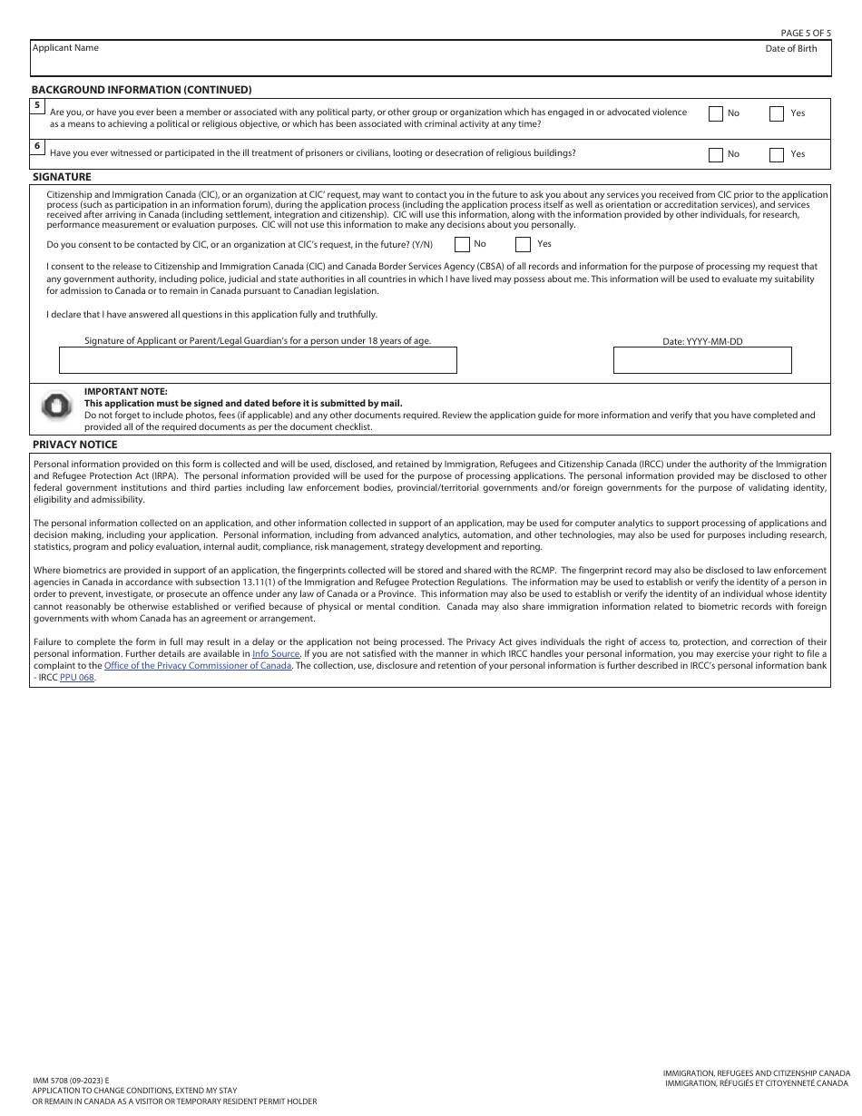 Form IMM5708 Application to Change Conditions, Extend My Stay or Remain in Canada as a Visitor or Temporary Resident Permit Holder - Canada, Page 5