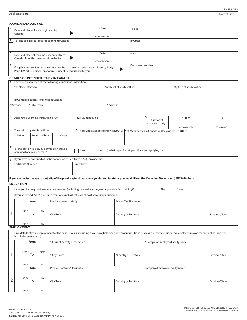 Form IMM5709 Application to Change Conditions, Extend My Stay or Remain in Canada as a Student - Canada, Page 3