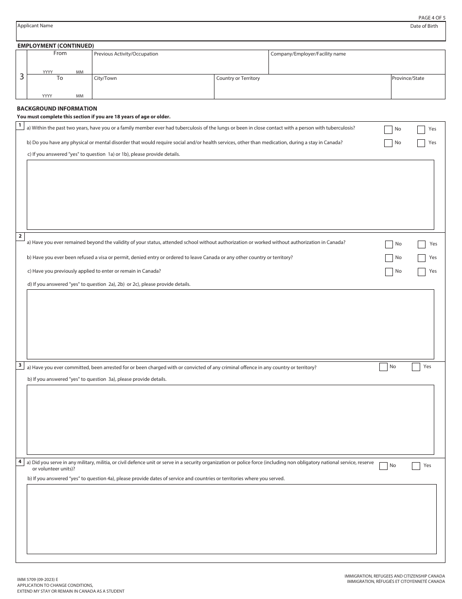 Form IMM5709 Application to Change Conditions, Extend My Stay or Remain in Canada as a Student - Canada, Page 4