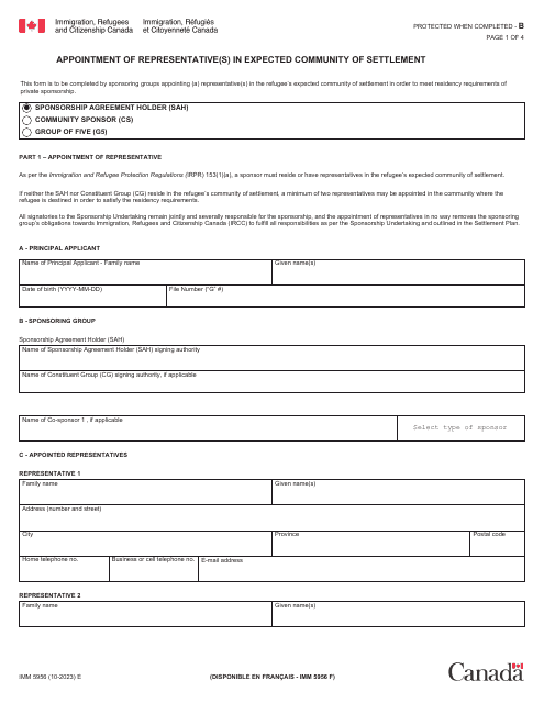 Form IMM5956 Appointment of Representative(S) in Expected Community of Settlement - Canada