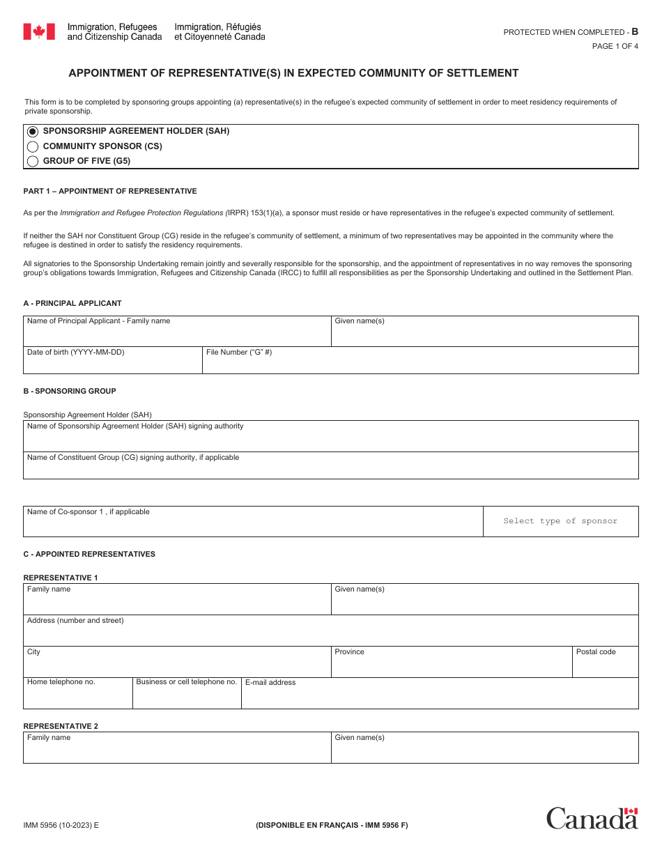 Form IMM5956 Appointment of Representative(S) in Expected Community of Settlement - Canada, Page 1