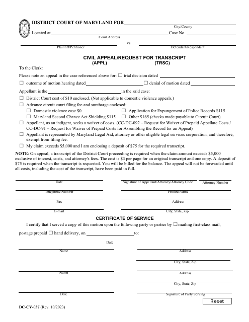 Form DC-CV-037 Civil Appeal/Request for Transcript - Maryland