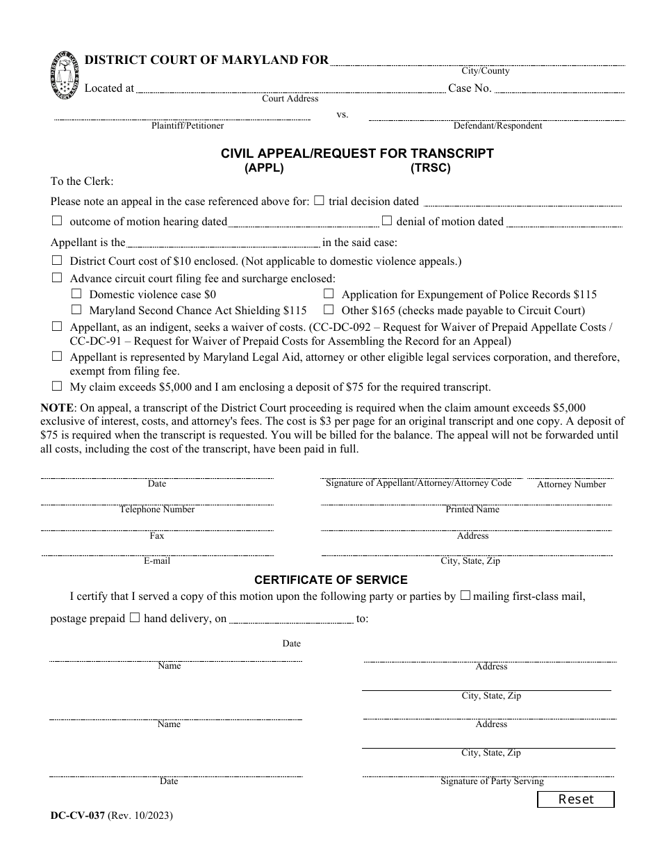 Form DC-CV-037 Civil Appeal / Request for Transcript - Maryland, Page 1