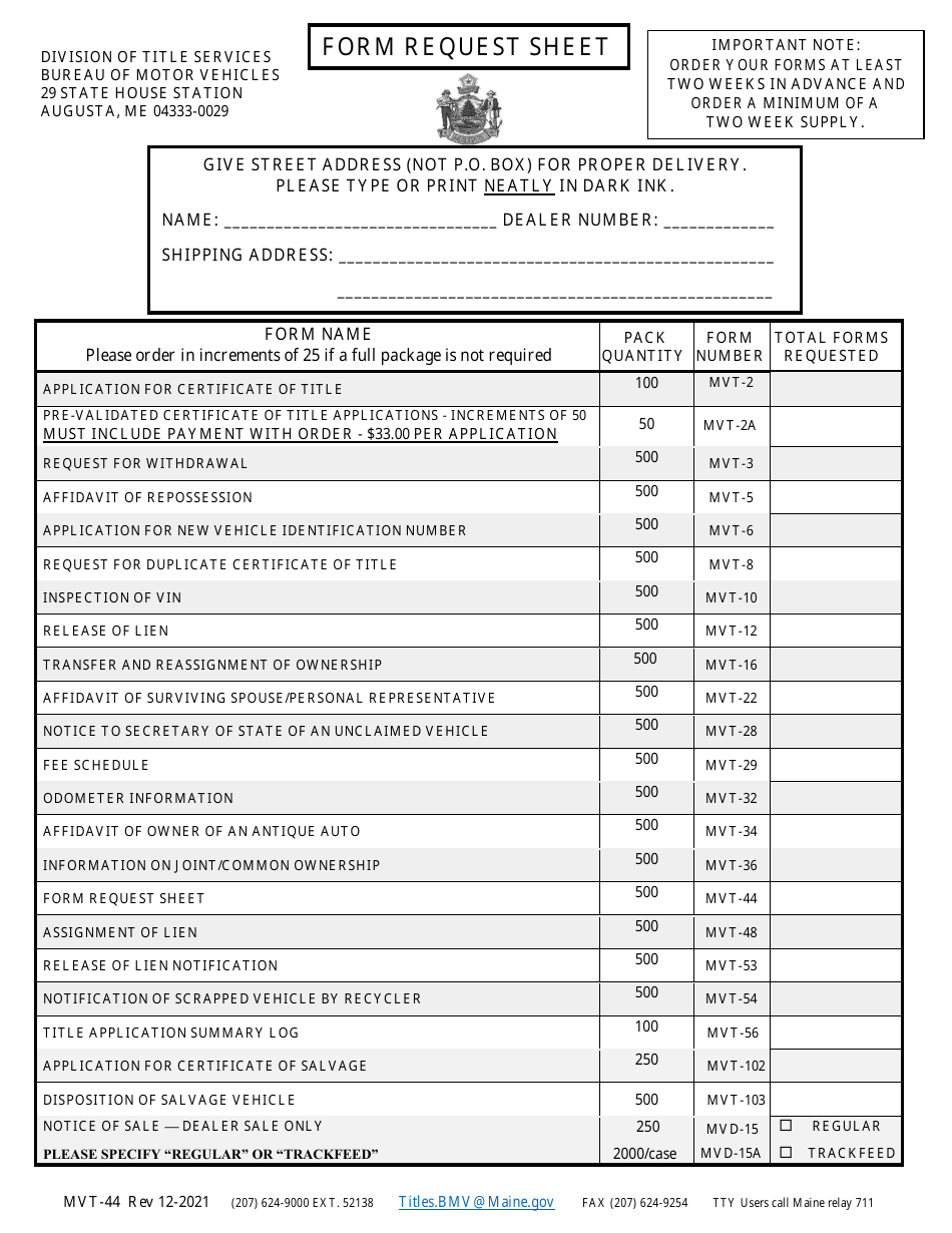 Form MVT-44 Form Request Sheet - Maine, Page 1